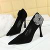 Fashion New High Heels Women Shoes Thin Heel Rhinestone Side Flower Pumps Lady Black Pointed Toe Stiletto Xishi Velvet Sexy Party Shoes