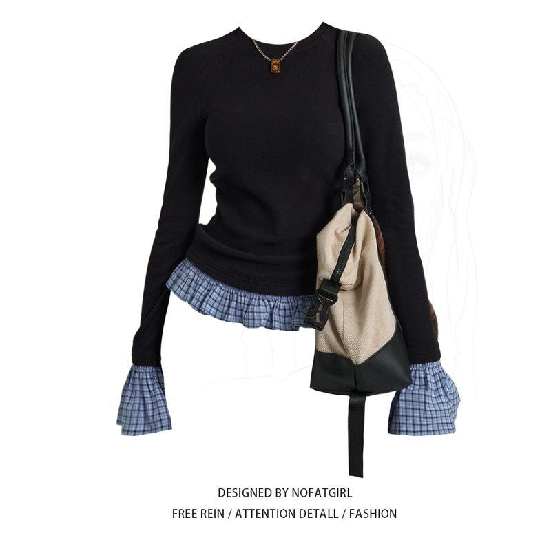 

Plus Size Chubby Girl Gingham Patchwork round Neck Long Sleeves T-shirt Women s Autumn New Arrival Silm Hem Stylish Base Tops Patchwork Tops M