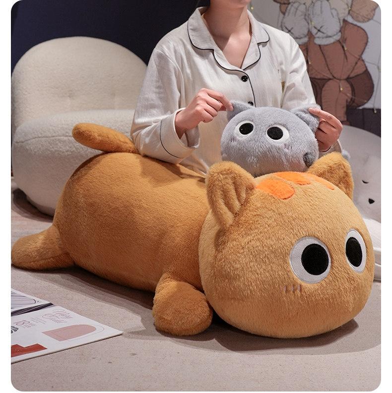 Big Long Lying Black Cat Siamese Kitten Orange Grey Plushie For Boy Girl Bed Cushion Throw Pillow Birthday Gift For His