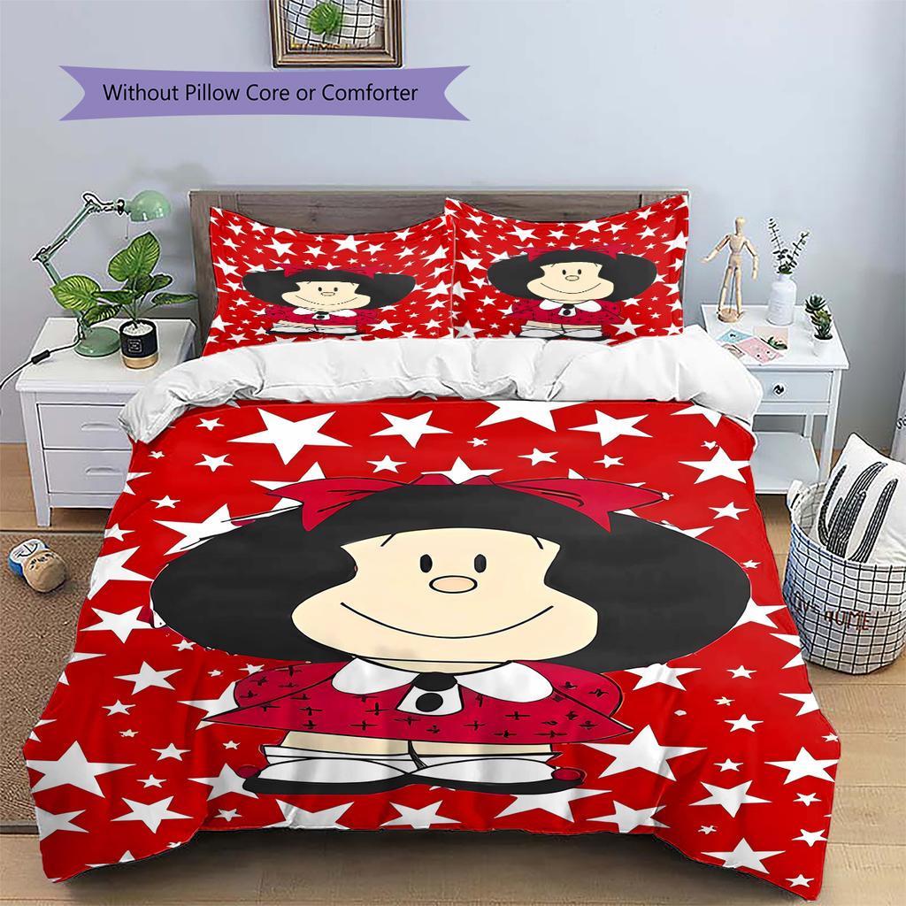 Pościel z wzorem Mafaldy, Zestaw kołdry Poszewka na kołdrę Poszewka na poduszkę Domowy prezent urodzinowy (1 * poszwa na kołdrę + 2 * poszewki na poduszki, bez rdzenia)