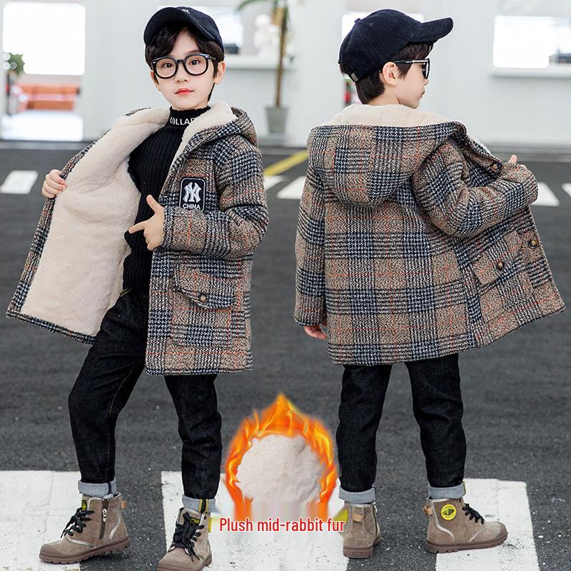 Boys' Fleece-lined Cotton Jacket & Plaid Woolen Coat - 2025 New Style