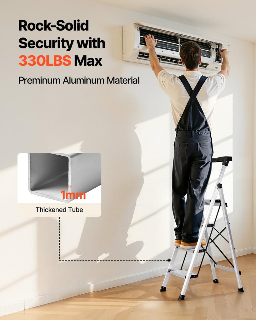 4 Step Ladder, Folding Step Stool with Wide Anti-Slip Pedal and Comfort Handgrip, 150 kg Capacity Portable Aluminum Stepladder, Multi-Use for Kitchen,