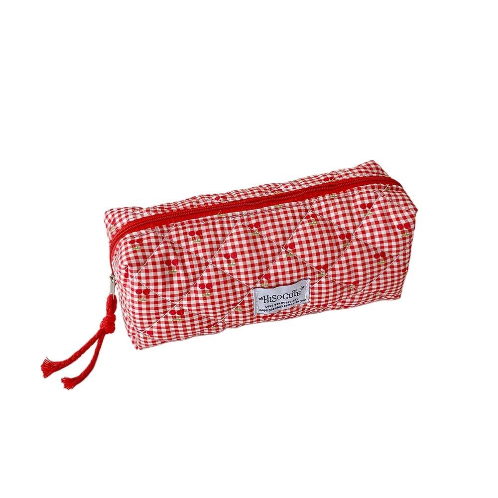 Cute Design Korean Cherry Pencil Case Large Capacity Cloth Plaid Pen Bag  Children