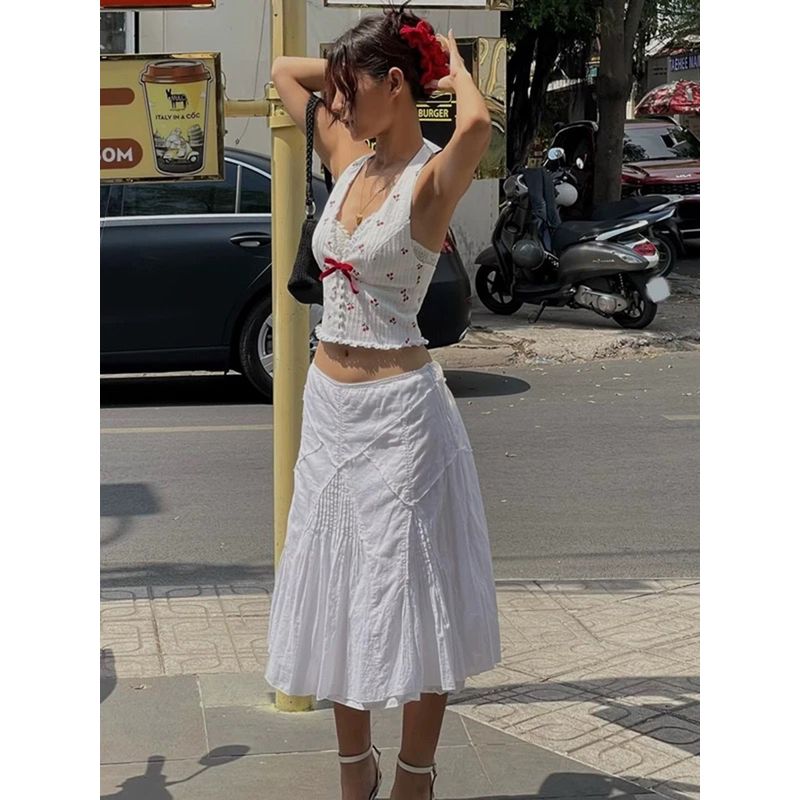 Fairy Princess French Style Girly Style Cherry Small Floral Bows Sexy Open Back V-neck Halter Small Slip Top