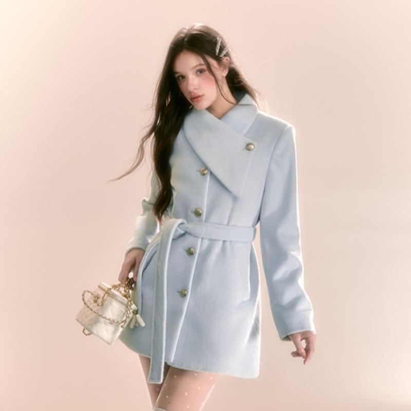 Winter Women's Sweet Thickened Blue Wool Coat