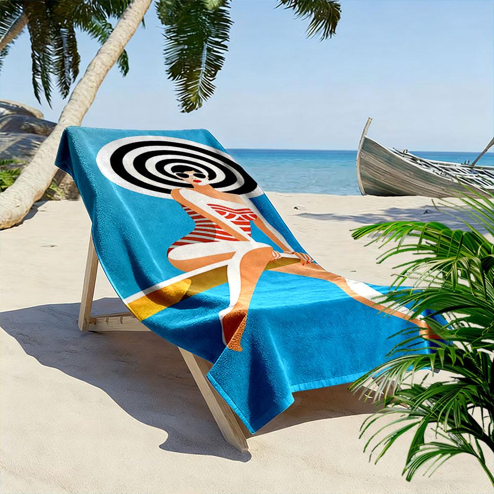 Retro Woman with Swirl Hat Beach Towel Quick-drying for Travel Outdoor Sports Jogging Beach and Swimming