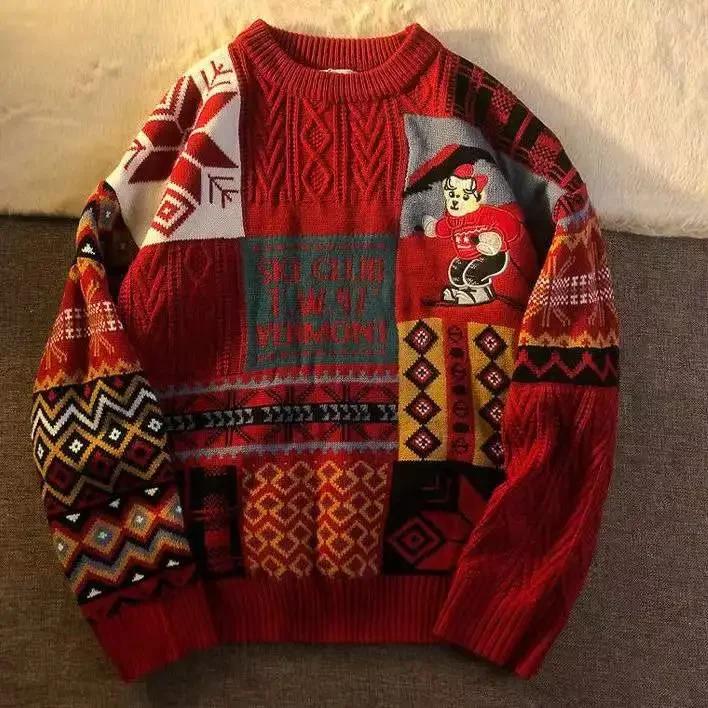 Zimní Nový Vintage Svetr Y2K Vánoční Teplý Pulovr Kulatý Výstřih Pulovr Dámský Street Casual Harajuku Volný Novoroční Svetr