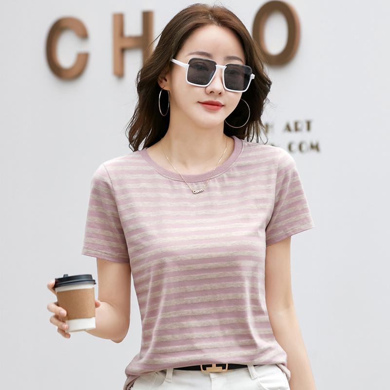 366 Sommer Gestreiftes Retro Lockeres Color Block T-Shirt - Koreanischer Stil Rundhals Kurzarm