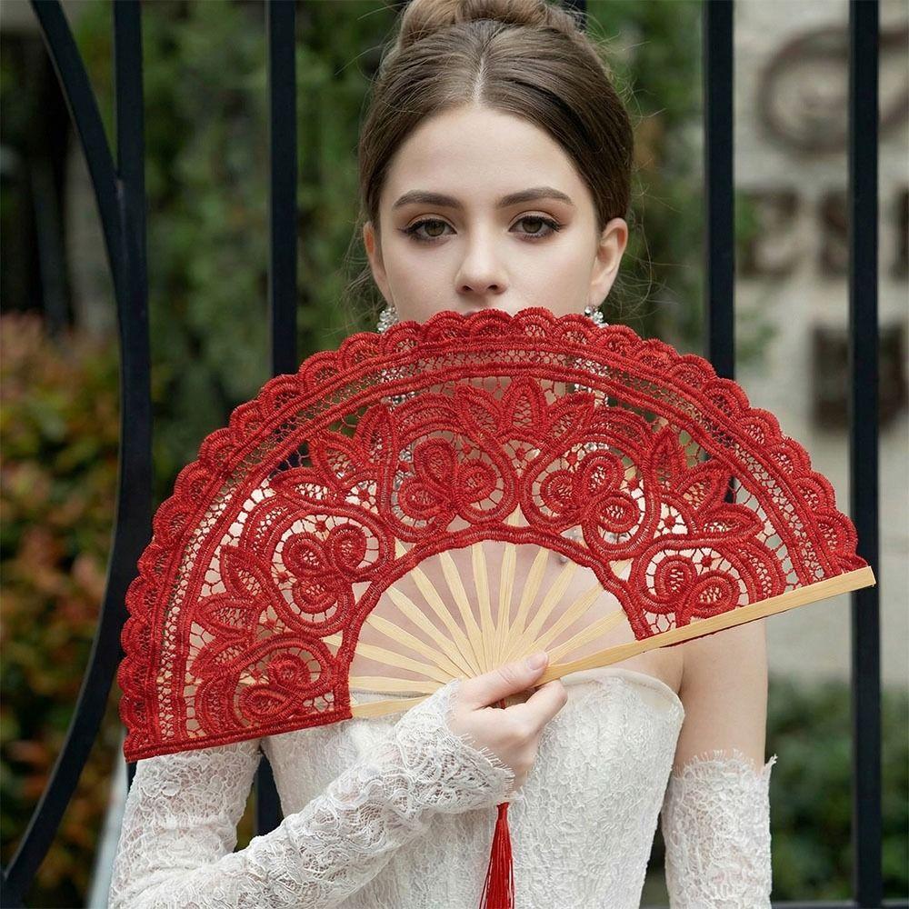 Hollow Ribs Embroidered Folding Fan Tassel Pendant Dance Handheld  Fan  Dance Performance