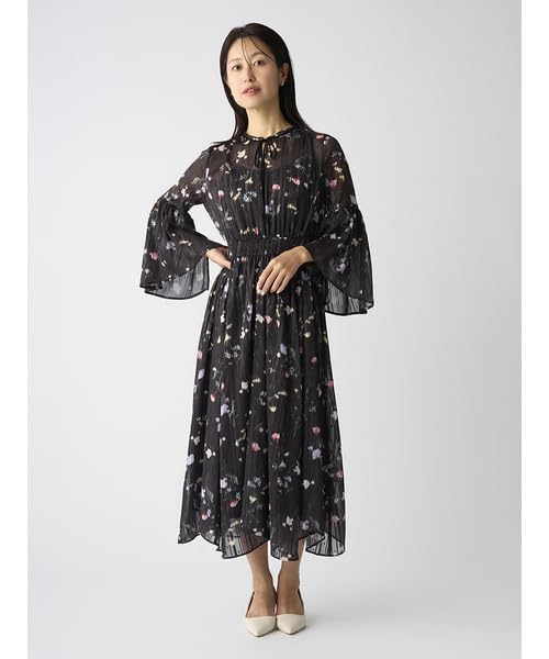 Selford Bowtie Flower Print Dress CWFO251063 Black Women's
