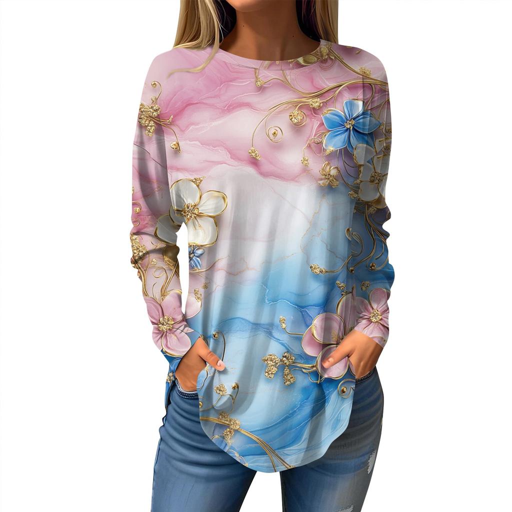 Women's Loose Casual Printed Round Neck Long Sleeved T Shirt Top Pullover Long Sleeved Sweatshirt