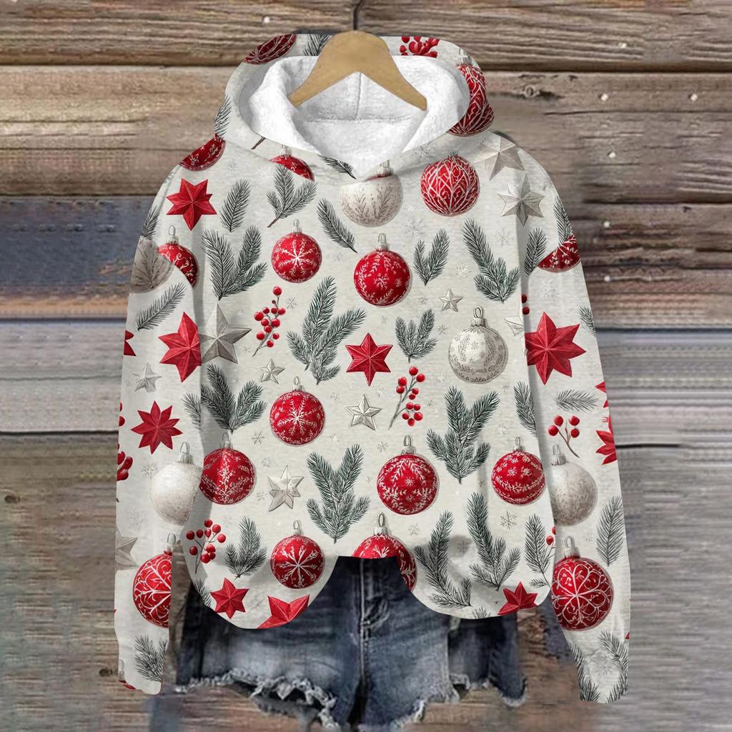 Women's Fashion Long Sleeve Christmas Print Loose Hooded Sweatshirt Top