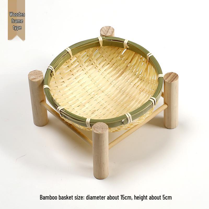 Handmade Bamboo Woven Basket Set - Round Winnowing Basket and Snack Plate for Hotel or Restaurant Use