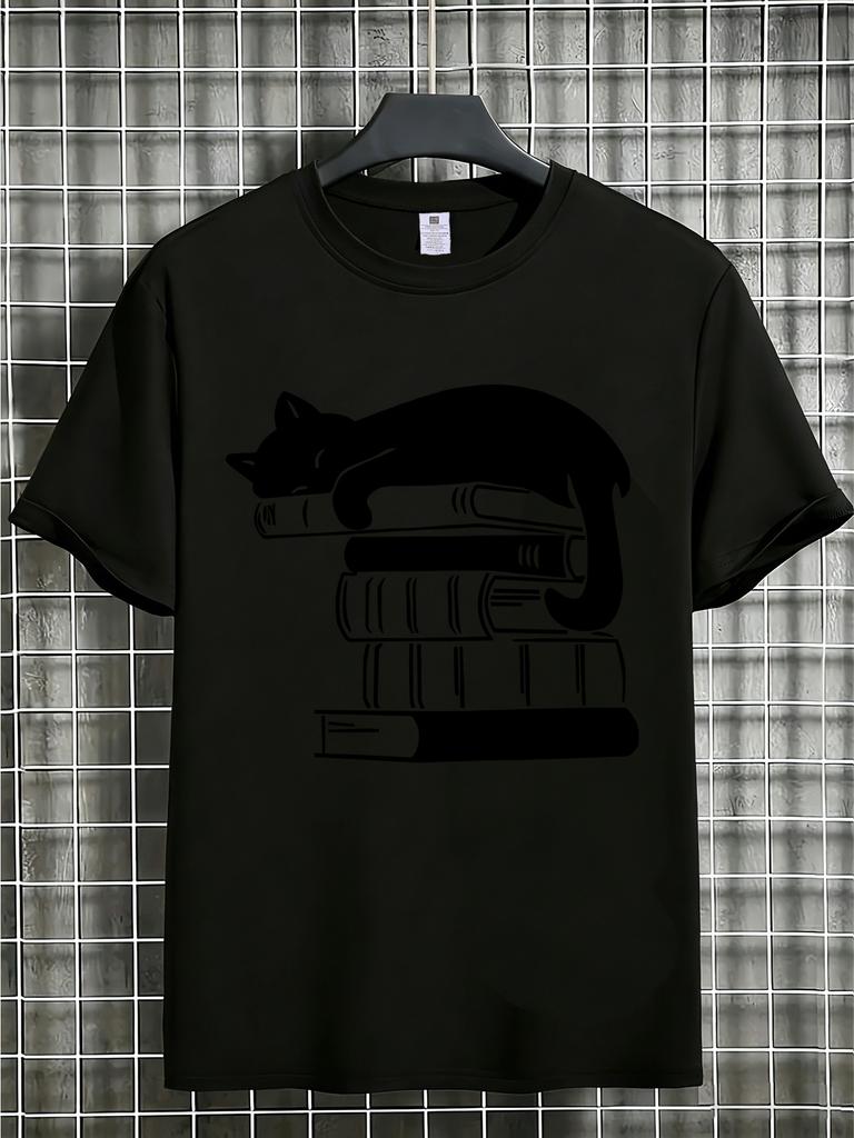Unisex Red Tee Sleeping Cat Book Silhouette Print Crew Neck Short Sleeve Summer Literary Casual Male Daily Street Cotton Wear