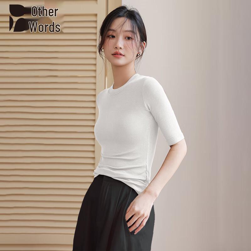 Women s Cropped Slim-Fit Round Neck Mid-Sleeve T-Shirt L