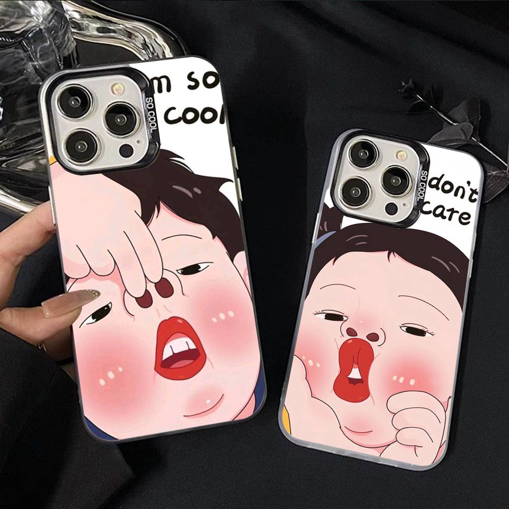 Cartoon Funny Boy Girl Couple Phone Case For iPhone 17 16 15 14 13 12 11 XS XR X Pro Max Plus Colored Silver Plated Cover