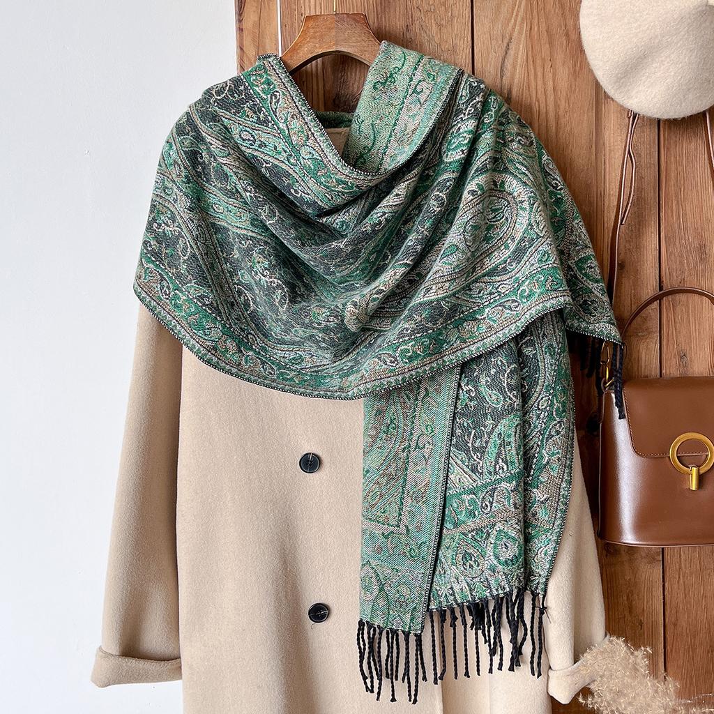 Classic Ethnic Style Popular Cashew Jacquard Fringed Long Scarf Women'S Water Ripple Imitation Cashmere Scarf Going Out Elegant Shawl