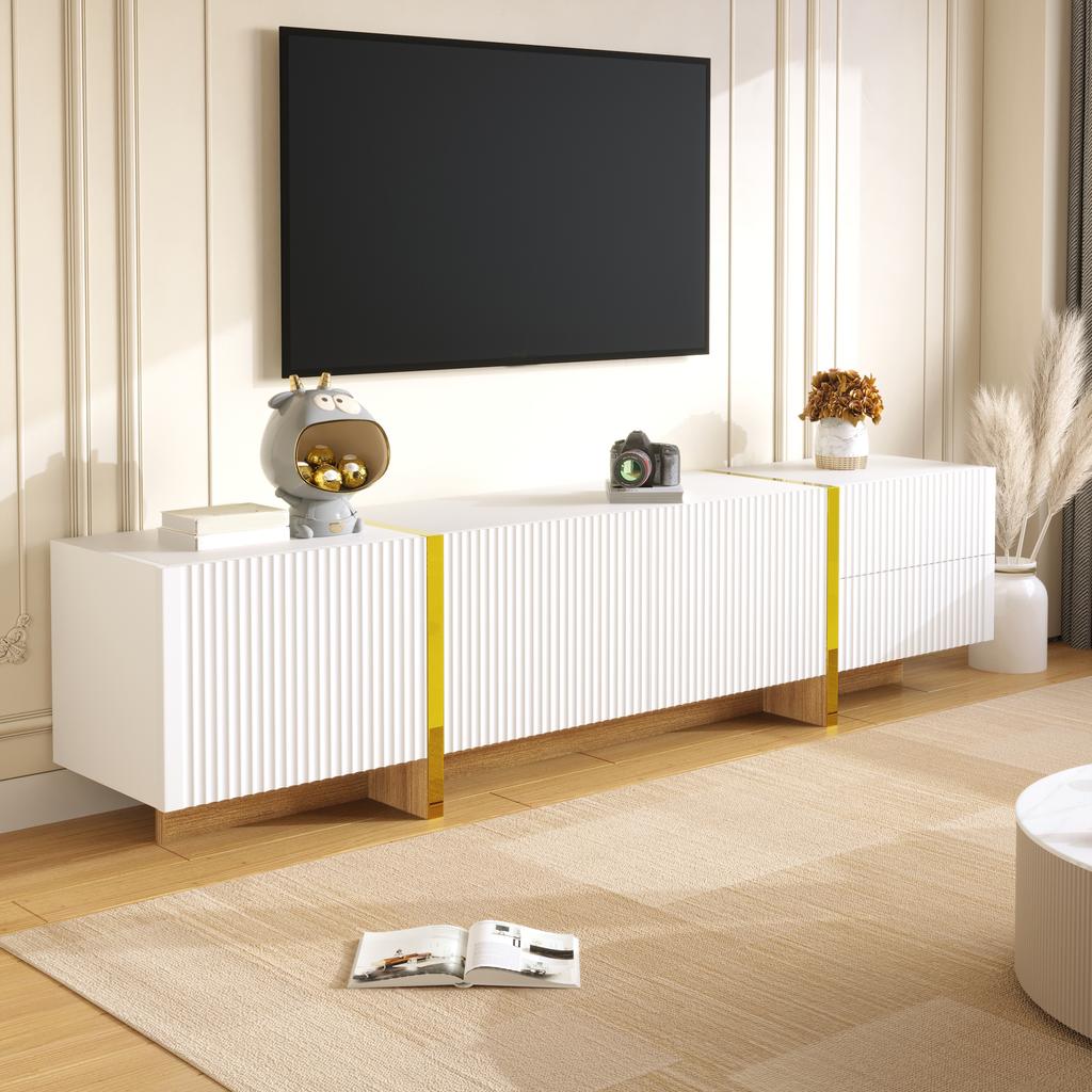 190 cm TV Cabinet, 3 Doors, 2 Drawers, White with Gold and Wood Grain