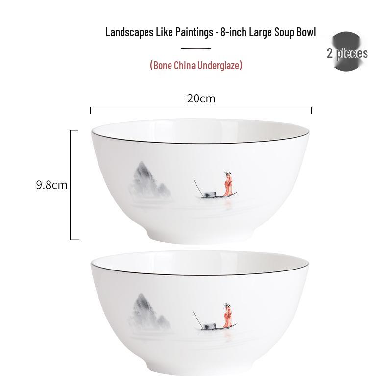Tangshan Underglaze Ceramic Landscape Ramen Bowl Set