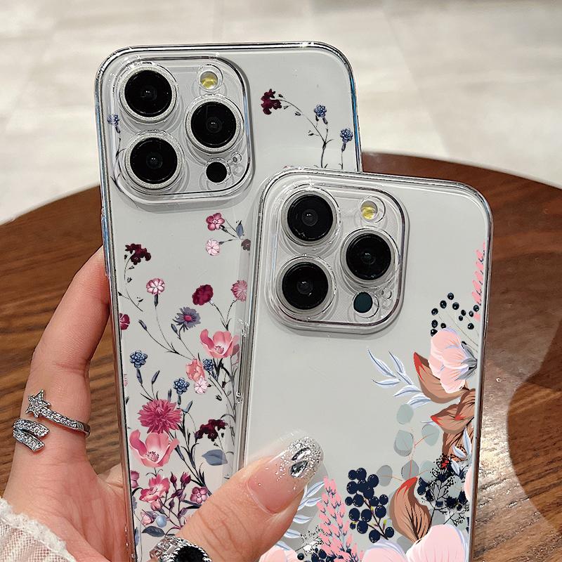 For iPhone 15 Pro Max 14 13 Pro 12 11 Phone Cover Beautiful Floral Pattern Clear Shockproof Slim PC Hard Case