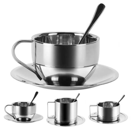 Pcs Coffee Cup Set Stainless Cup with Steel Espresso Saucer And Spoon Double Walled Drinkware