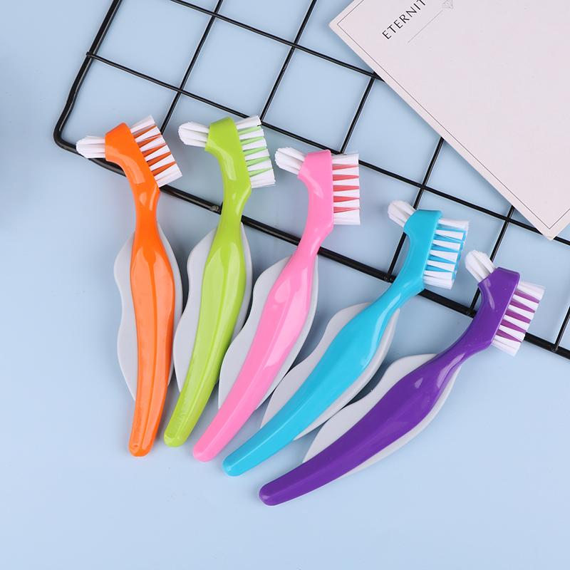 Multi-Layered Bristles Denture Cleaning False Teeth Brush Oral Care Non-Slip Ergonomic Rubber Handle Dual Heads Antibacterial