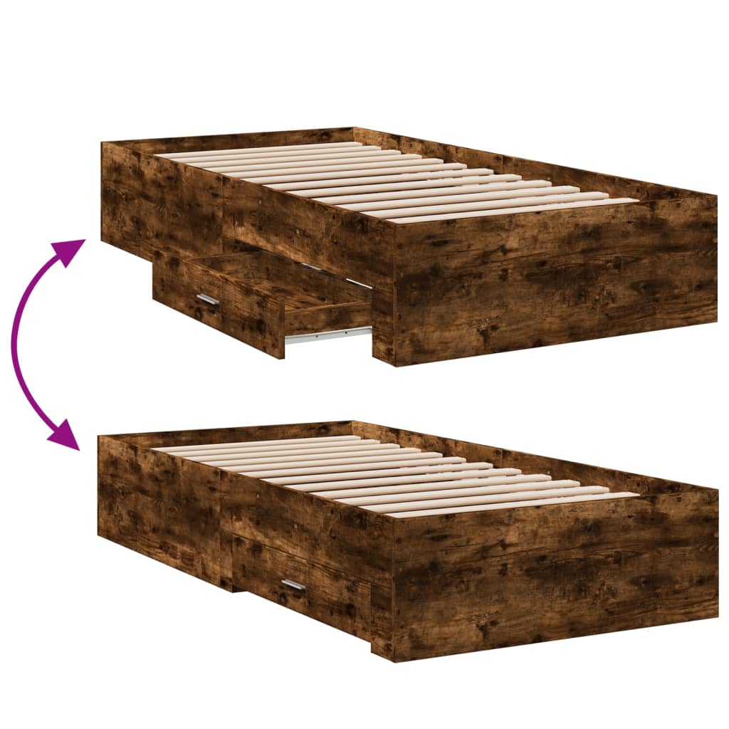 Bed Frame with Drawers Smoked Oak 75 x 190 cm Wood Based Material