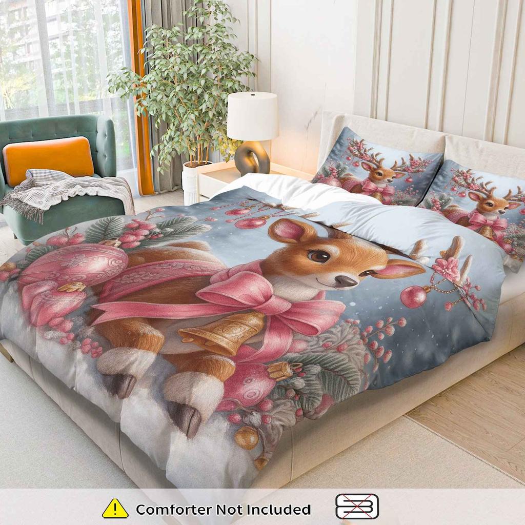 Comforter 3Pcs 1 Duvet+2 S Pink Christmas Deer Winter Snow Scene Theme Christmas Bedding Set Queen King Size