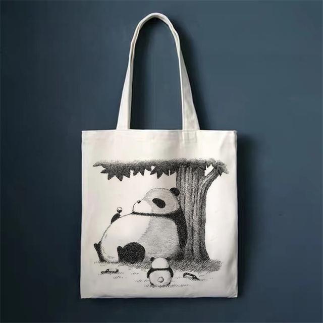 New Women's Cartoon Handbag Cute Animal Panda Shoulder Canvas Bag Large Capacity Girl Reusable Shopping Bag Grocery Bag.