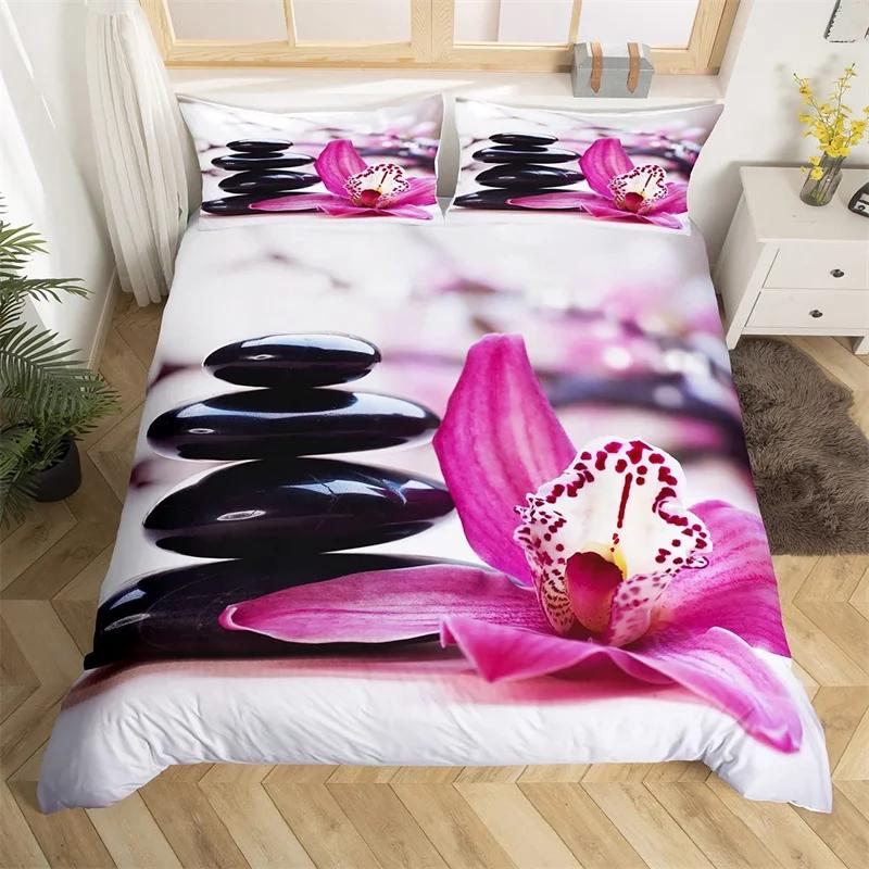 Zen Stones King Duvet Cover Sandy Beach Bedding Set Microfiber Purple Phalaenopsis Comforter Cover Meditation Bedspread Cover