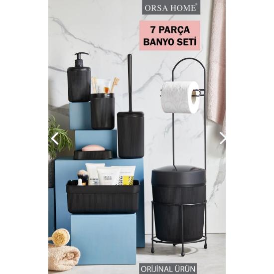 7 Piece Bathroom Set with Metal Stand, Bucket, Toilet Paper Holder, Cosmetic Box, Toothbrush Holder and Soap Dish