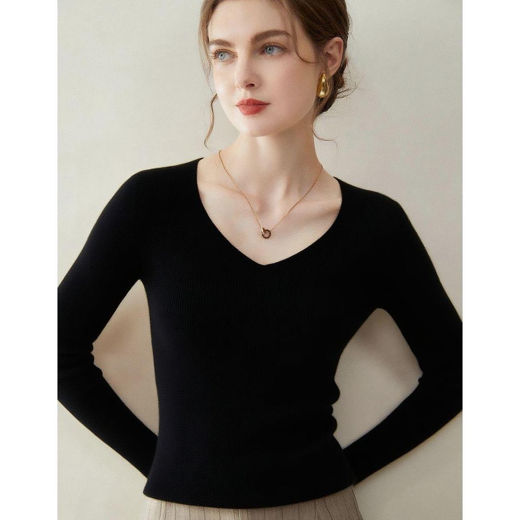 Women's 100% Pure Cashmere V-neck Sweater - New 2026 Autumn/Winter Slim Fit Base Layer Knit