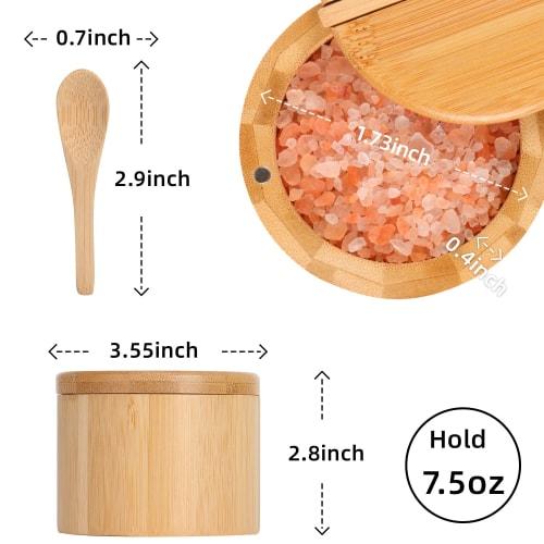 EDENMS Bamboo Salt Box with Spoon, Salt Cellar, Salt Keeper, Spice Storage Box, Seasoning Pot, Sugar Bowl with Swivel Magnetic Lid, Kitchen Spice Cell
