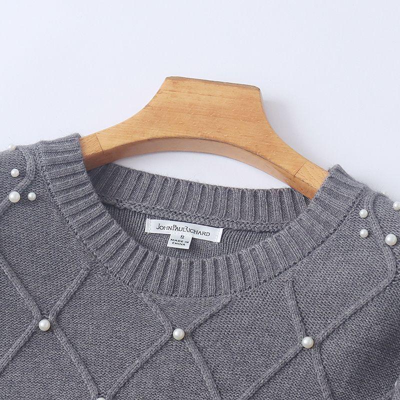 Foreign Trade Europe and America Women Knit 2025 Autumn New round Neck Pullover Loose Pearl Decoration Sweater