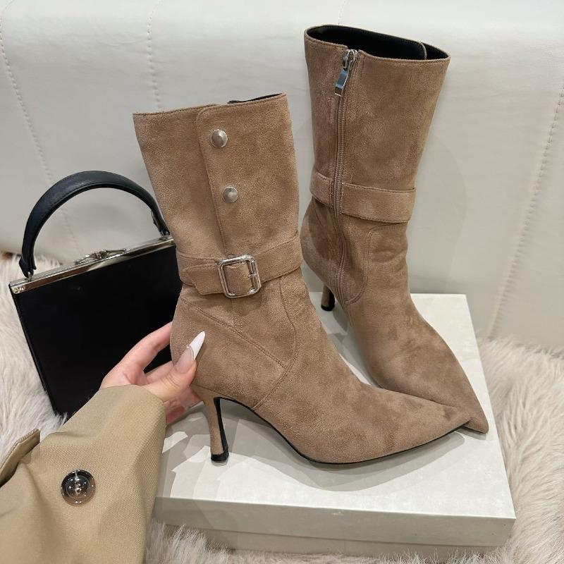 Vintage Suede Metal Buckle Pleated Pile Boots Western Cowboy Boots Pointed Skinny High Heel Short Boots Women
