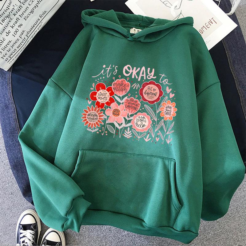 Women's Casual Long Sleeve Hoodies Vintage Graphic Y2k Hooded Pullovers Ditsy Floral and Alphabet Print Sweatshirts 90s Clothes