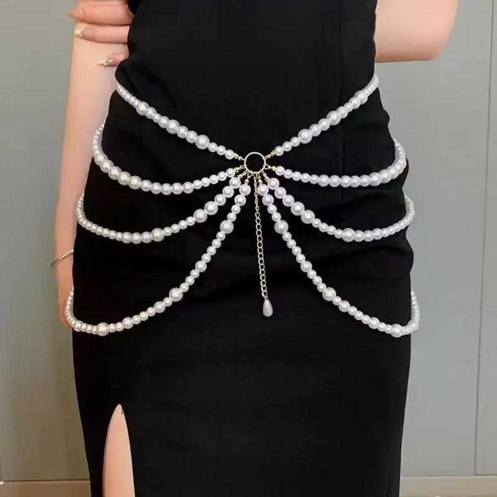 Y2K Pearl Waist Chain All-match Beadeds Body Chain Unique Multilayer Body Chain  Dress