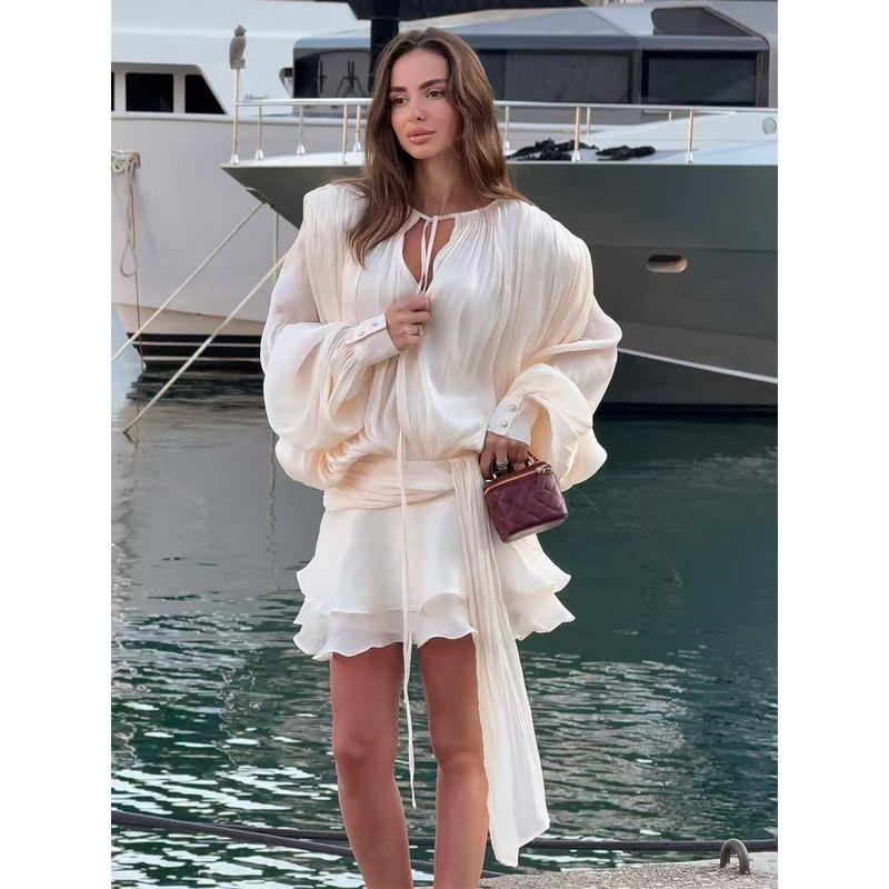 

Western Style New Chiffon Lantern Sleeve Lace-up Short dress Frill Dress Lantern Sleeve Dress Beige S