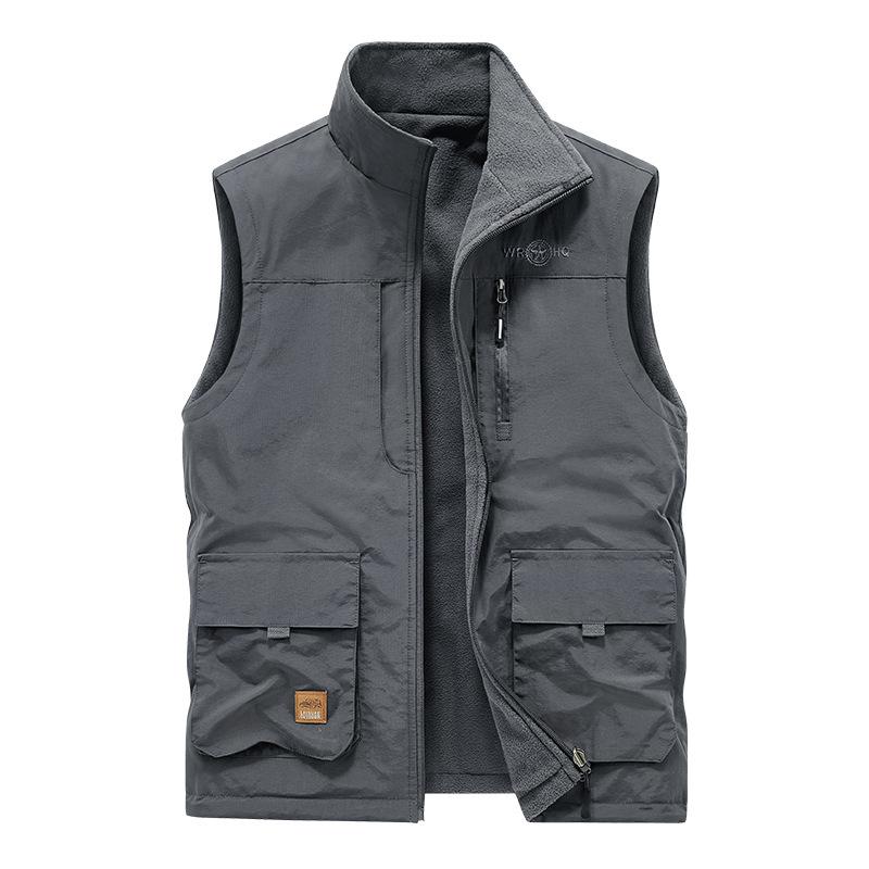 Men's Large Size Winter Warm Velvet Thickened Sleeveless Vest, Double-sided Wear Multi-bag Waterproof Vest