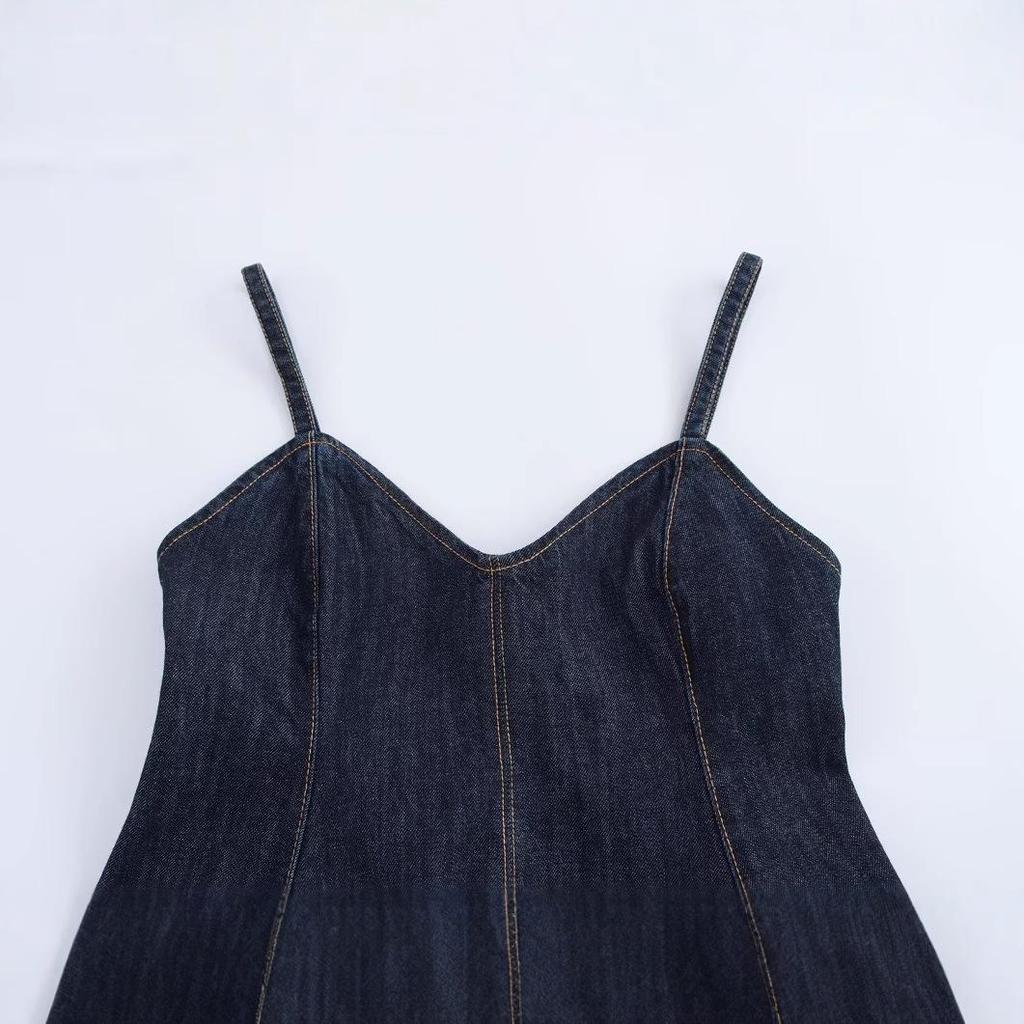 Spring 2025 Women's European & American Style Sexy V-Neck Spaghetti Strap Wave Hem Denim Jacket Top