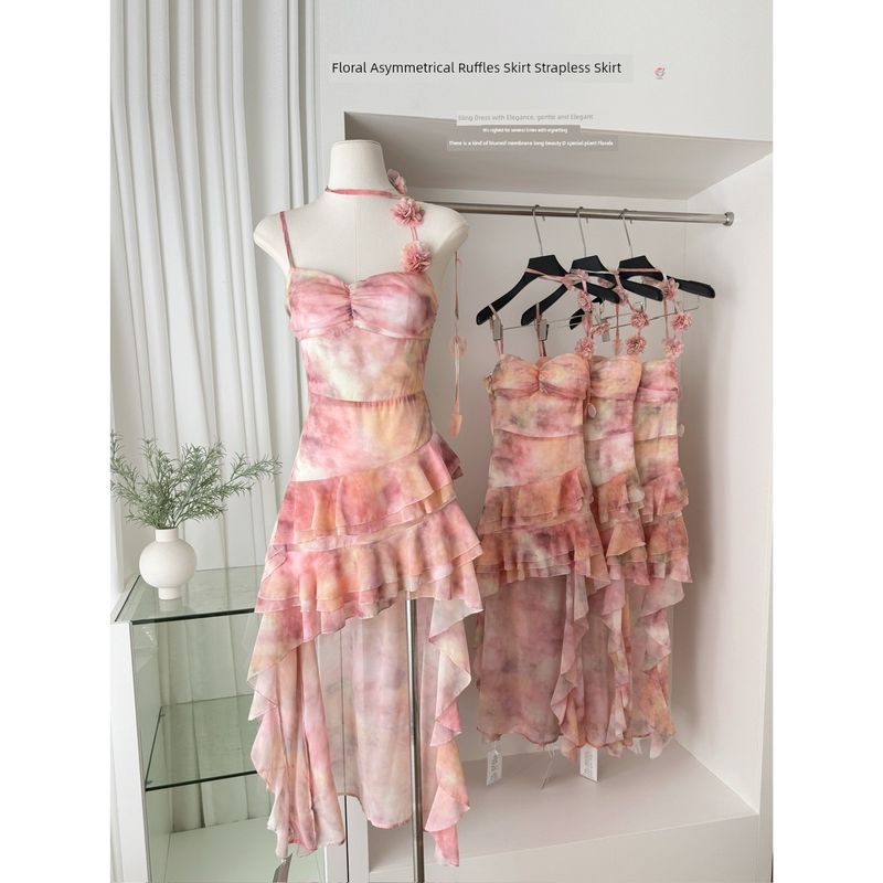 

Платье в праздничном стиле во французском стиле Женское 2025 Лето Новинка Нишевое Необычная оборка Короткое платье Топ-труба Юбки Pink Dress L