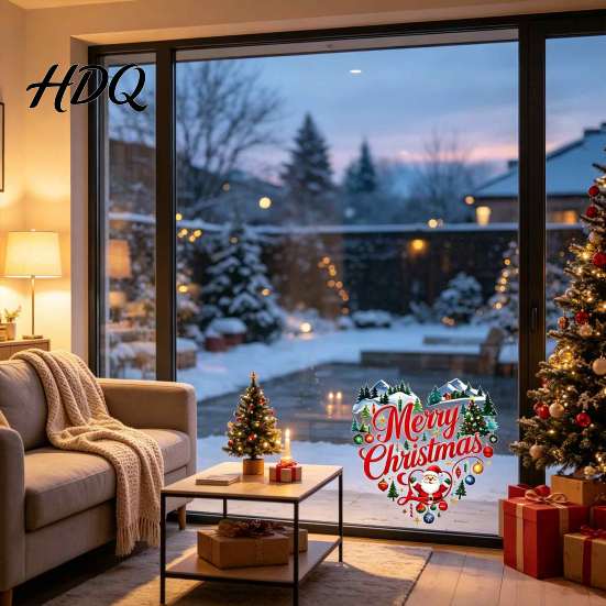 Holiday Glass Clings Merry Christmas Window Cling Heart Shaped Sticker with Santa Claus Xmas Door Stickers Tree Balls Winter Static PVC Decal