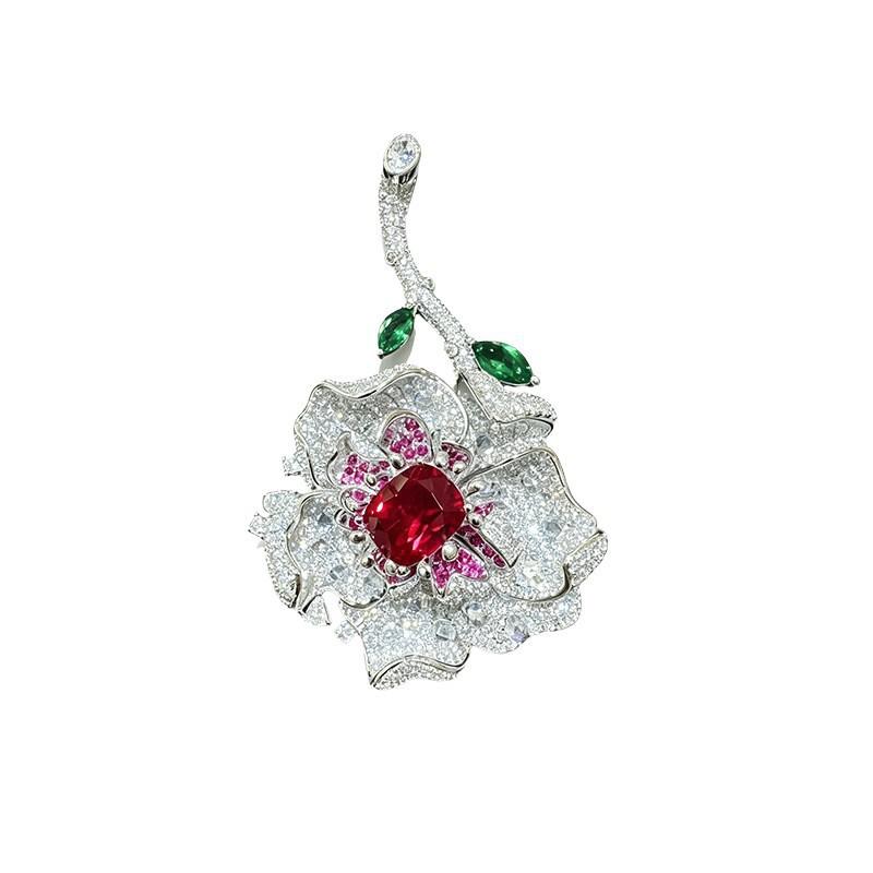 Rose Flower Brooch With Lab-Grown Ruby Full Pave Color Gems Evening Dress Pin Jewelry Women