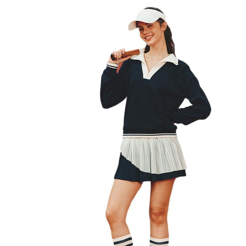 Womens Color-Block Tennis Top With Turn-Down Collar High-Waisted A-Line Pleated Skirt Set Winter Outdoor Casual Sport
