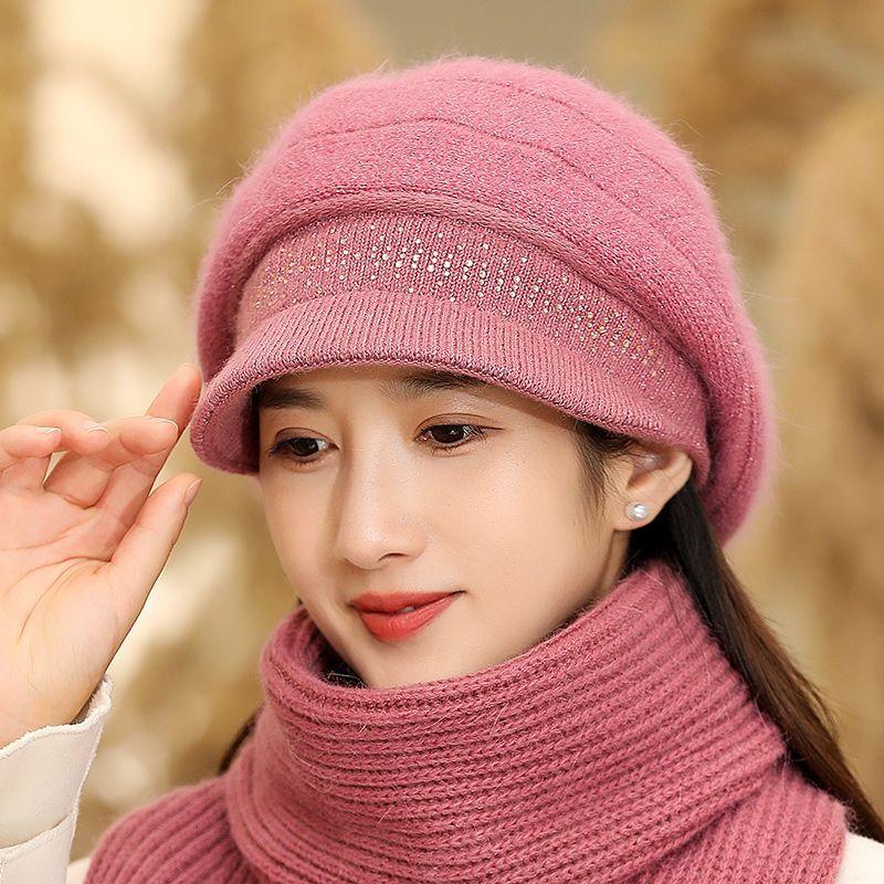 WTEMPO Cold-proof Windproof Warm Solid Color Ear Protection Elastic Hats Women's Autumn Winter Casual Verstaile Retro Elegant Hat + Scarf Set
