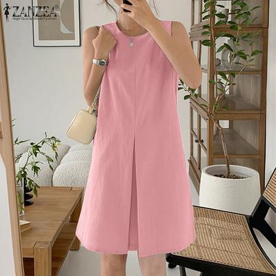 Women Casual Round Neck Solid Color Sleeveless Short Dress