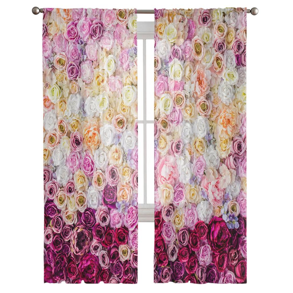 Colorful Rose Flower Tulle Curtains for Living Room Print Sheer Voile Curtain Bedroom Window Screening Drapes Blinds Home Decor