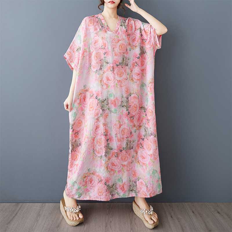 Summer Vacation Style V-neck Retro Cotton and Linen Dress
