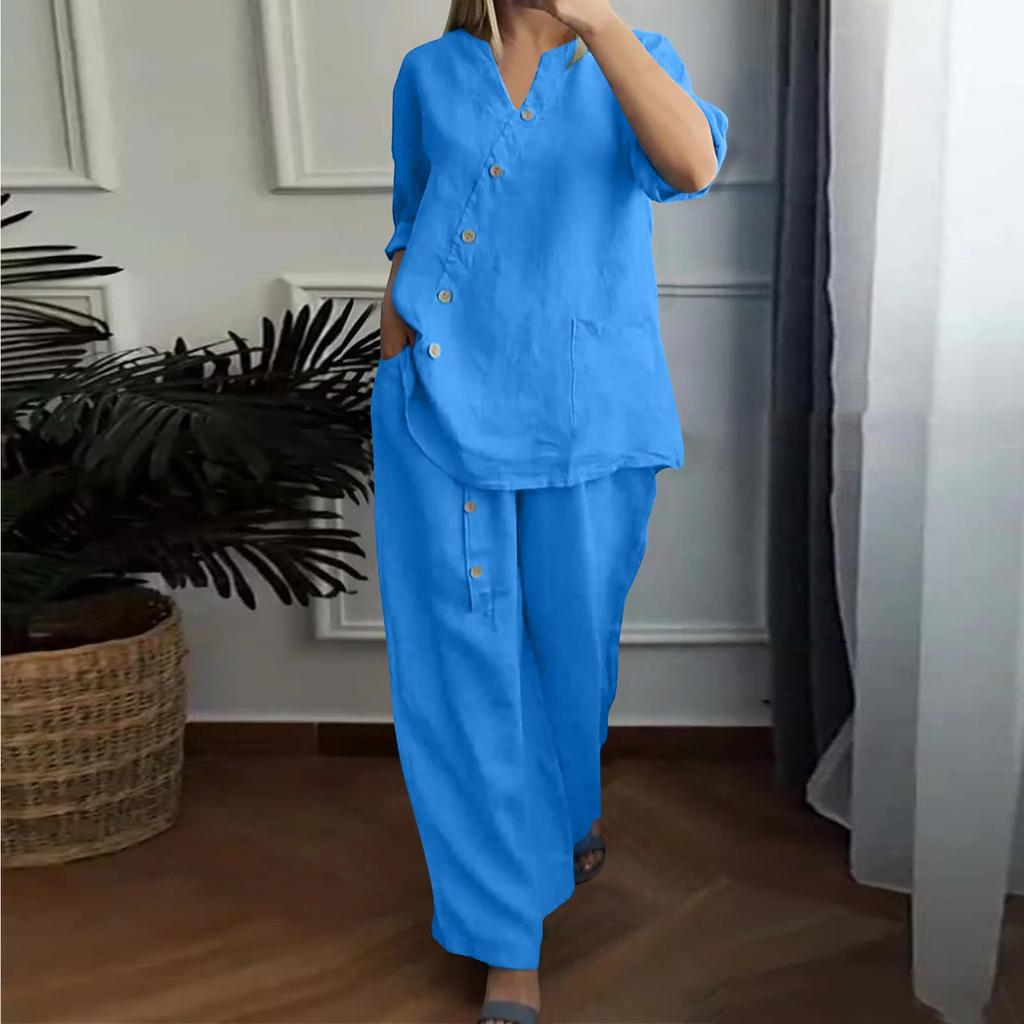 Women's Casual Cotton And Linen Set With Three Quarter Sleeves, Top And Wide Leg Pants, Two-piece Set