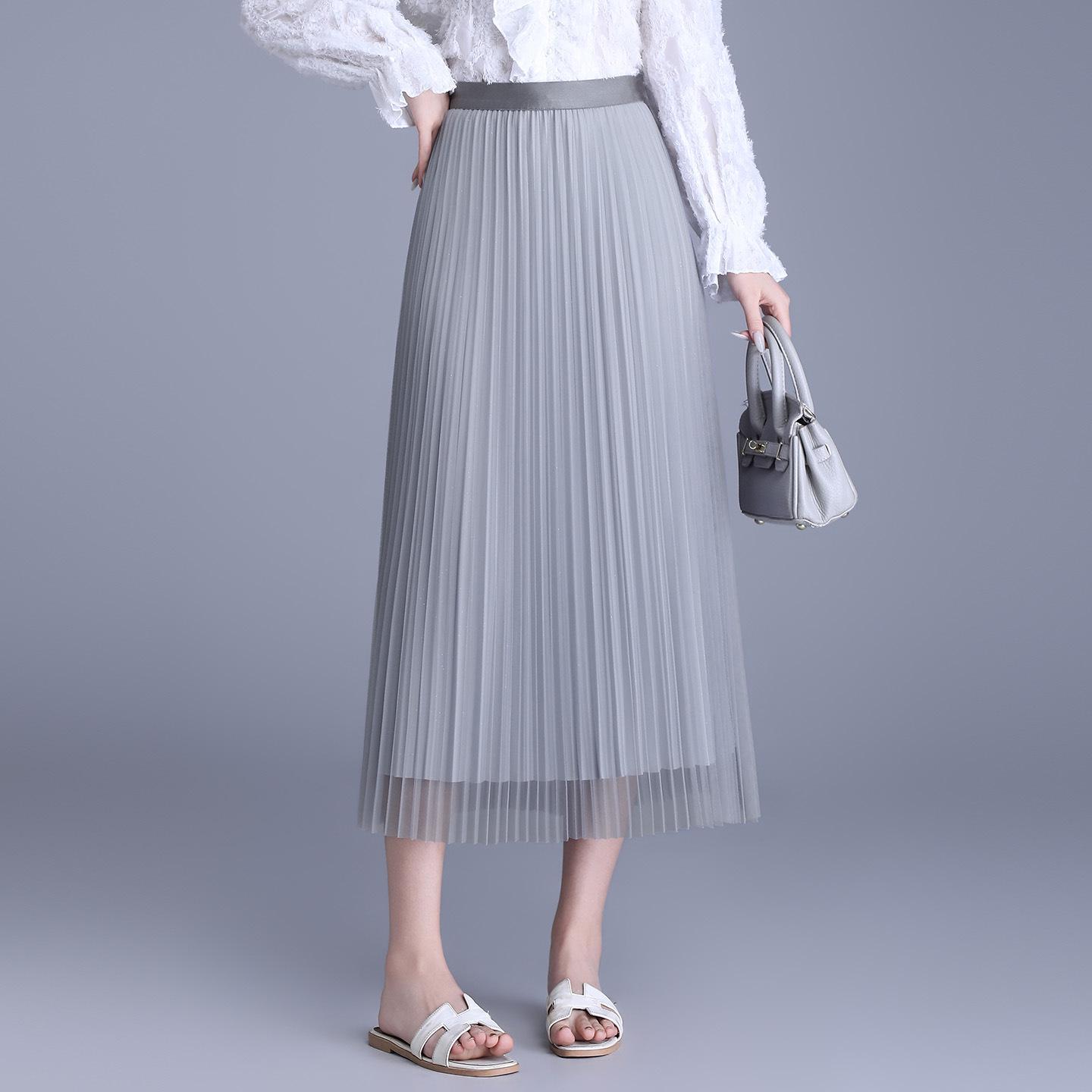 Spring 2026 Reversible Mesh Pleated A-line Midi Skirt One Size серый